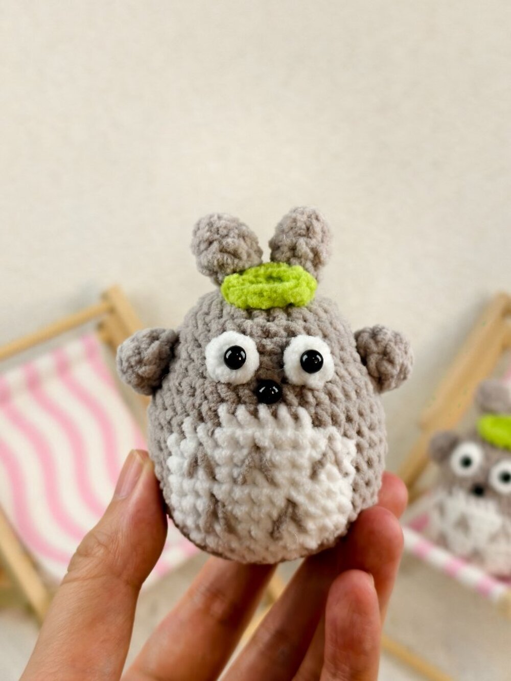 Handmade Amigurumi Crochet Totoro With A Leaf On Its Head Plushie